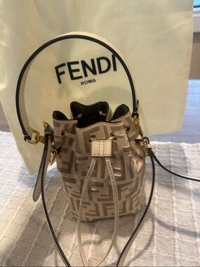Fendi Beige Monogram Mini Drawstring Bucket Bag with Gold Hardware